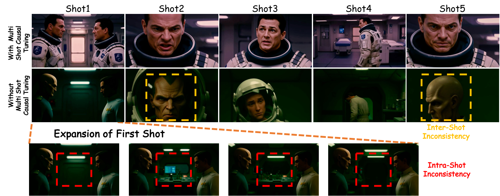 Effect of learning causal multi-shot structure before step compression. Directly initializing a few-step student from a short bidirectional teacher leads to unstable intra-shot content and inconsistent identities across shots. Our full pipeline first learns long-context causal multi-shot generation and then compresses sampling steps, improving temporal stability and cross-shot identity preservation.